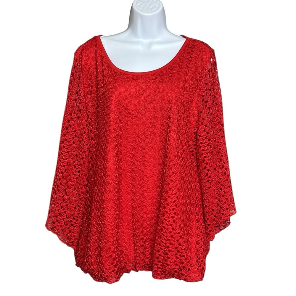 Roz & Ali Red Lined Lacy Blouson Long Sleeve Holiday Red Top Size 1X